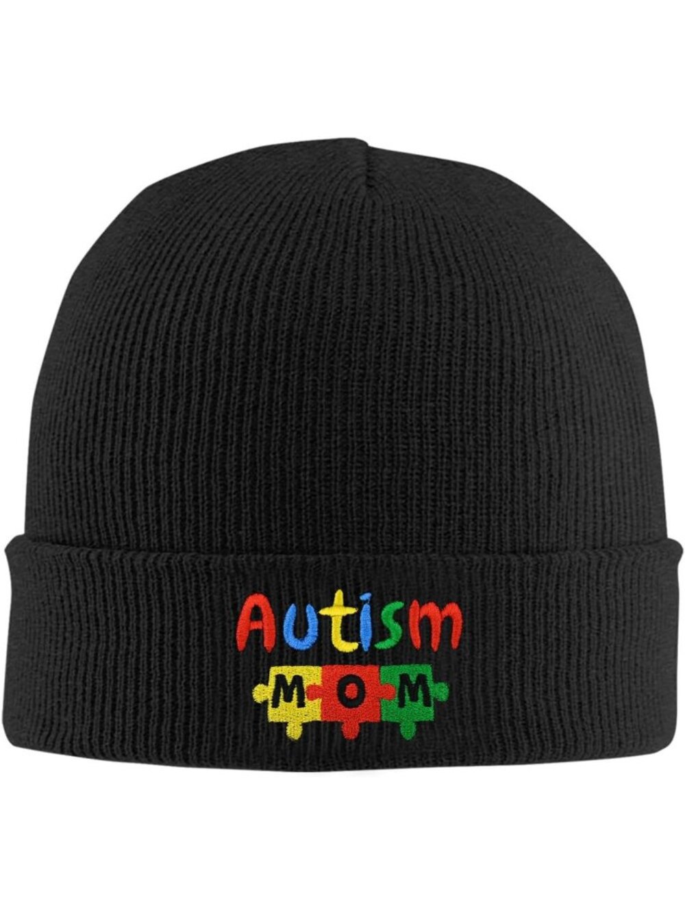 Unisex Black Autism Puzzle Hat Embroidery Halloween Winter Cuffed Skull Cap